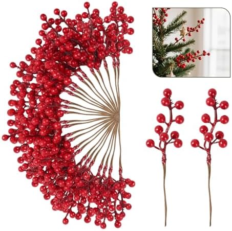 50pack Christmas Tree Decorations Artificial Berry Stems Red Berry Picks for Xmas Winter Party Holiday Flower Arrangements Home Centerpieces and DIY Ornaments