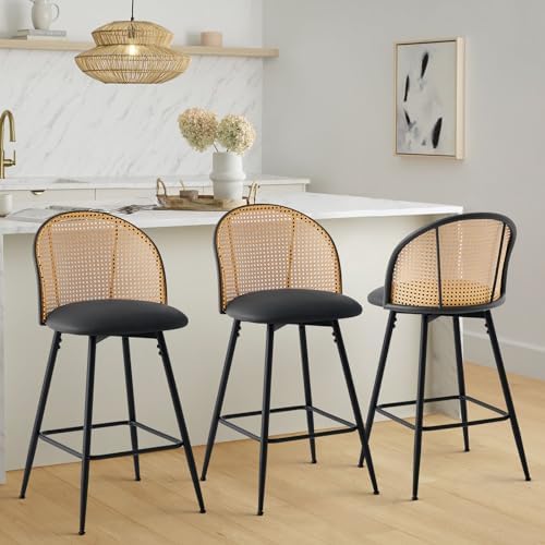 Bekrvio Black Bar Stools Set of 3, Swivel Counter Stools with Rattan Back & Metal Legs, 26" PU Leather Barstools Counter Height, Mid Century Modern Bar Chairs Island Stools for Kitchen Counter
