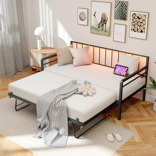 Twin Daybed with Pop Up Trundle, Metal Day Bed Frame with LED Lights and Charging Station, Day Bed with Trundle Bed Twin, Black Daybed for Living Room, Bedroom, Guest Room