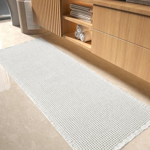 tchdio Waffle Bath Mat-Runner Rug, Super Absorbent Non Slip Bath Mats for Bathroom Machine Washable Long Rugs with Tassels, Bath Rugs for Bathroom Floor Beside Tub, 2' x 4'(24" x 48")