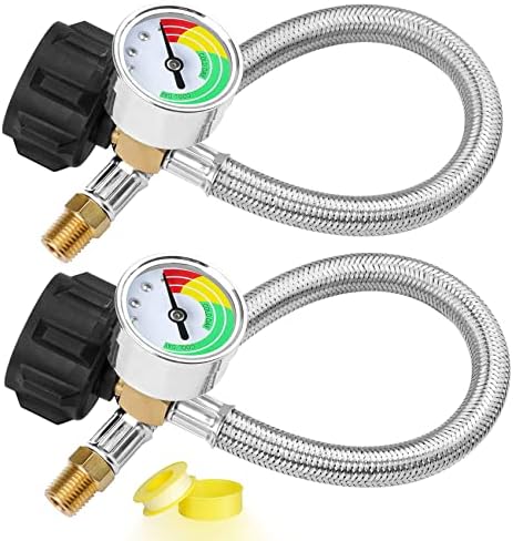 15 inch RV Propane Hose Replacement with Gauge, 2 Pack Camper Propane Hose for Standard Two Stage Regulator, Stainless Steel Braided RV Gas H-ose for Camper- 1/4 Male NPT x QCC1, 350PSI