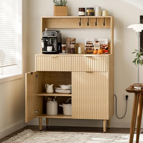 Coffee Bar Cabinet with Storage, Modern Sideboard with Drawers, Shelves, Outlet and Fluted-Door for Kitchen, Dinning Room, Living Room, Natural