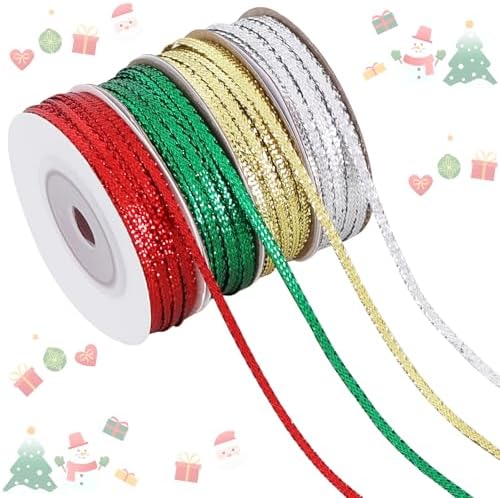 TONIFUL 4 Rolls Thin Ribbon - 3mm*20 Yards - Christmas Ribbon Set for Gift Wrapping, Tree & Wreath Decor, Balloon Sting, Bows Making, Treat Bags Decor, Crafts（Red, Green, Gold, Silver）