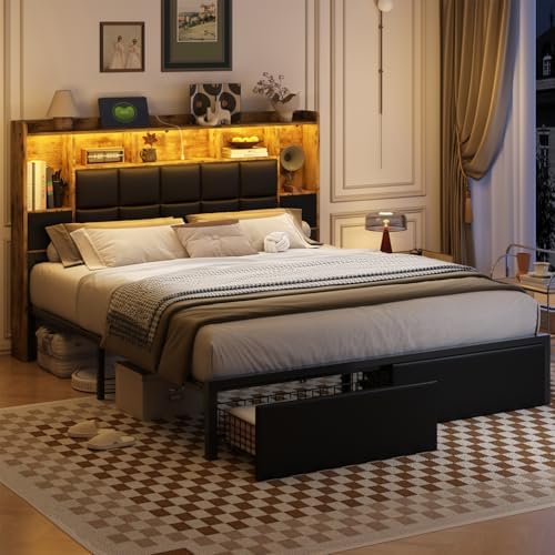 LED Bed Frame King Size with Bookshelf PU Leather Headboard, 2 Hidden Storage Drawers, Upholstered Platform Bed with Charging Station, Metal Slats Support, Noise Free, No Box Spring Needed
