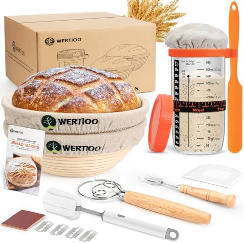 Sourdough Starter Kit, Sourdough Bread Baking Supplies, 2 9 Inch Round Banneton Bread Proofing Basket with 24 Oz Glass Jar, Sour Dough Tools with Danish Dough Whisk & Scraper