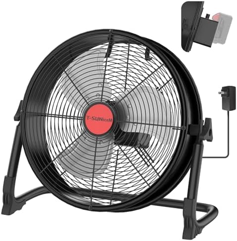 16" Battery Operated Floor Fan for Milwaukee M18 18V Battery, Portable Fan with AC Adapter and USB Output, Metal Industrial High Velocity, Stepless Speed Cordless Fan for Jobsite Garage Camping Shop