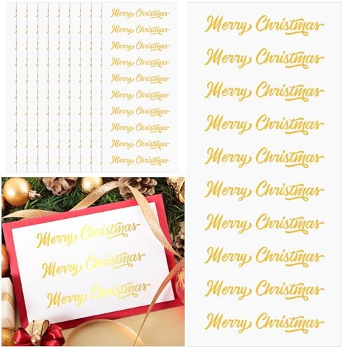 200 Pcs 20 Sheet Gold Script Merry Christmas Stickers Merry Christmas Script Mini Foil Adhesive Decals Self-Adhesive Xmas Stickers for Crafts Scrapbooks Holiday Cards Presents