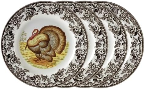 Spode Woodland Turkey Set of 4 Dinner Plates, 10.5" - Thanksgiving Tableware, Collectible Holiday Dish with British Flowers Border, Fine Earthenware - Dishwasher, Microwave, Oven Safe