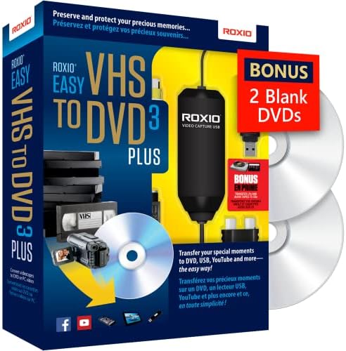 Roxio Easy VHS to DVD 3 Plus | VHS, Hi8, V8 Video to DVD or Digital Converter | Amazon Exclusive 2 Bonus DVDs [Windows Disc]