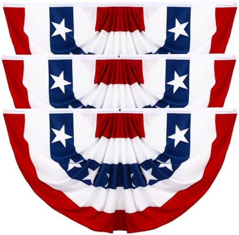 3 Pack Large USA Patriotic Pleated Fan Flag Set - 3x6 Ft American Bunting Flags with Sewn Stripes, Brass Grommets - Memorial Day Independence Day 4th of July Outdoor Decorations
