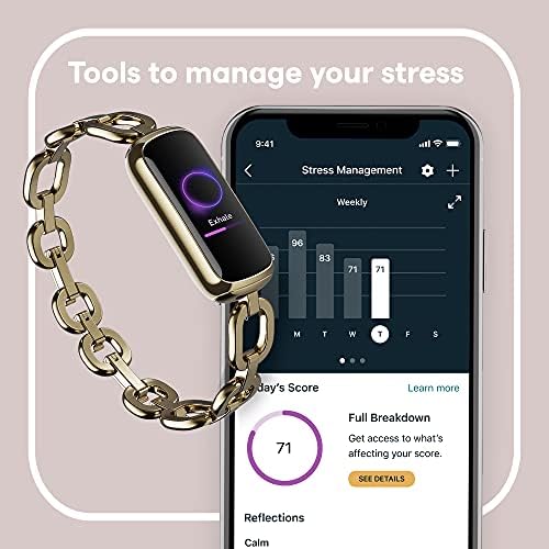 Fitbit Luxe Special Edition Fitness and Wellness Tracker, Gorjana Soft Gold Stainless Steel Parker Link Bracelet, One Size (S & L Peony Classic Bands Included)