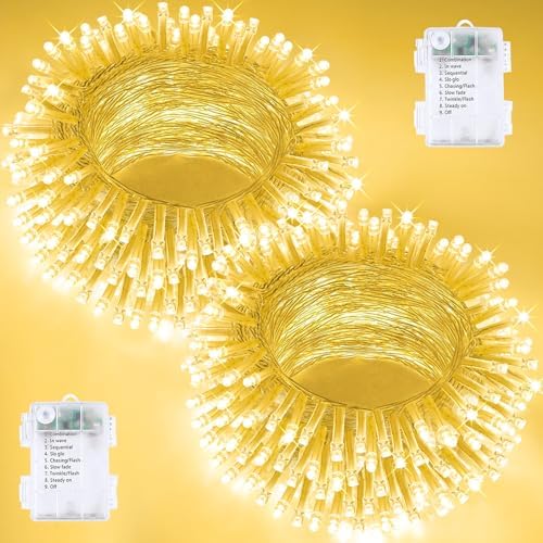 2 Pack Christmas String Lights Battery Operated with Timer, 66FT 200 LED Waterproof Twinkle Lights, 8 Modes Fairy Light for Indoor and Outdoor Bedroom Garland Tree Christmas Decorations (Warm White)