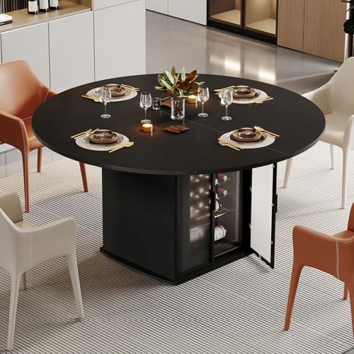 IBF Black Round Dining Table for 4-6, 47 Inch Kitchen Table with Fridge Space, Industrial Dining Room Tables with Storage Shelf, Wood Dinner Tables for Home Kitchen Living Room, Black Oak, Only Table