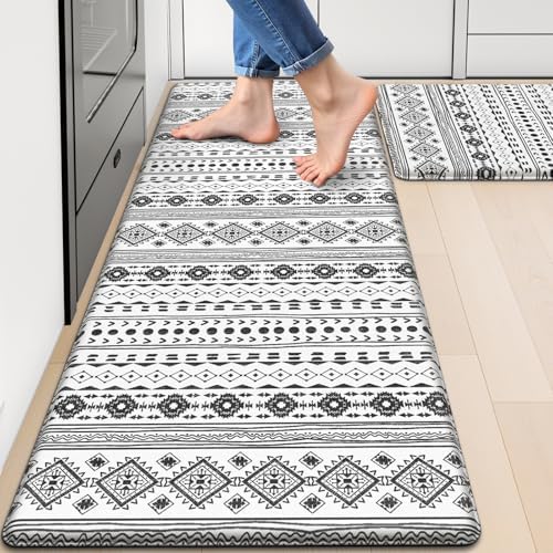 StepRite Kitchen Mats for Floor, Kitchen Rugs Sets of 2, Non-Slip Washable Kitchen Decor Rugs, Anti Fatigue Mats for Kitchen Floor, Sink, Office, Laundry, 17.3"×30"+17.3"×47", Black and White