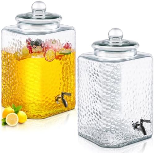 2 Pack 5 Gallon Glass Water Dispenser Hammered Glass Drink Beverage Dispenser Water Jug Container with Stainless Steel Spigot for Parties, Weddings, Lemonade, Iced Tea