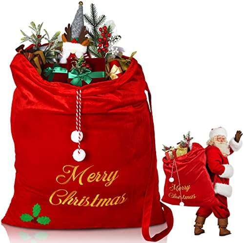 WILLBOND Santa Claus Bags Velvet Large Christmas Sack Bags with Drawstring 36 x 30 Inch Santa Gift Sacks for Christmas Party Decor Xmas Stocking Stuffer Supplies(Red)