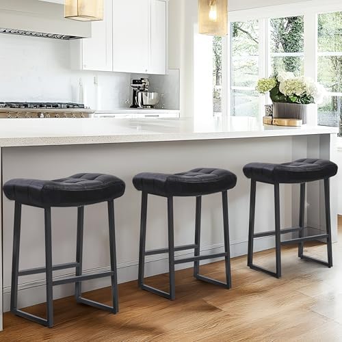 Black Modern Bar Stools Set of 3 for Kitchen Counter 24 inch Counter Height Backless Barstools with Upholstered Faux Leather Saddle Seat and Metal Frame Industrial Bar Chairs