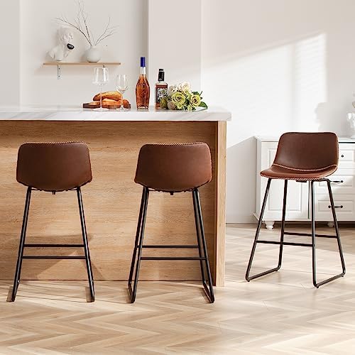 HeuGah Counter Height Bar Stools Set of 3, Brown Barstools with Back Support 26 Inch Faux Leather Bar Stools for Kitchen Island Counter Height Bar Chairs with Metal Legs