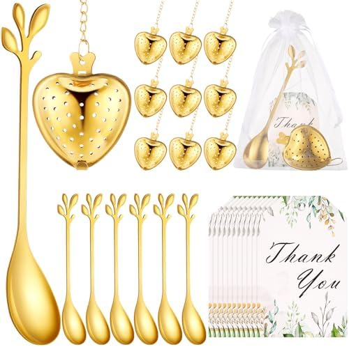 25 Sets Bridal Shower Tea Party Favor for Guest Leaf Tea Spoon Heart Shape Infuser Ball for Loose with Thank You Card Organza Bag Wedding Souvenir Gift(Gold)