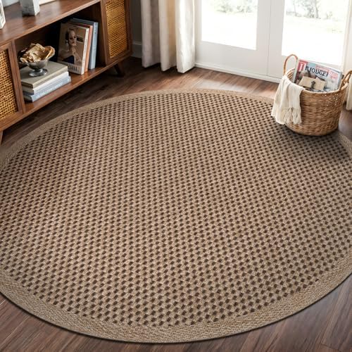 CAMILSON Easy Jute Round Rug 6ft Indoor Outdoor Natural Color Fiber Area Rugs for Living Room Patio and Kitchen Rug, Sisal Boho Woven Design Easy-Cleaning Washable Outside Carpet Alfombras (6 Round)