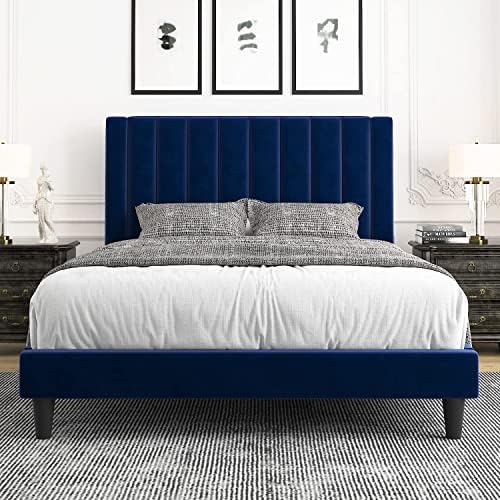 Allewie Queen Platform Bed Frame/Velvet Upholstered Bed Frame with Vertical Channel Tufted Headboard/Strong Wooden Slats/Mattress Foundation/Box Spring Optional/Easy Assembly/Navy Blue