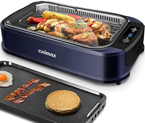 Electric Indoor Grill Griddle, CUSIMAX Smokeless Grill, Portable Korean BBQ with Turbo Smoke Extractor Technology, Non-stick Removable Plate & Griddle Plates