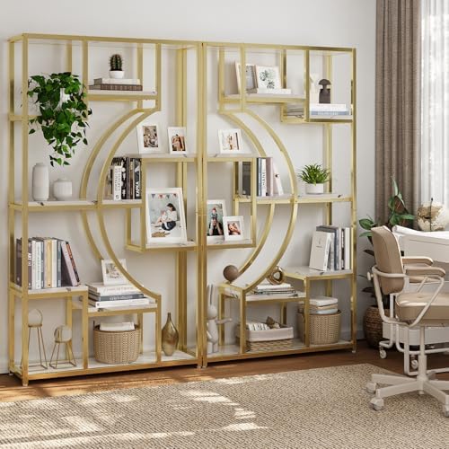 Modern Book Shelf, White and Gold Bookshelf, 70.8 Inch Tall Etagere Bookcase, Set of 2 Geometric Display Shelves for Living Room, Bookcases/Bookshelf with Metal Frame for Home Office