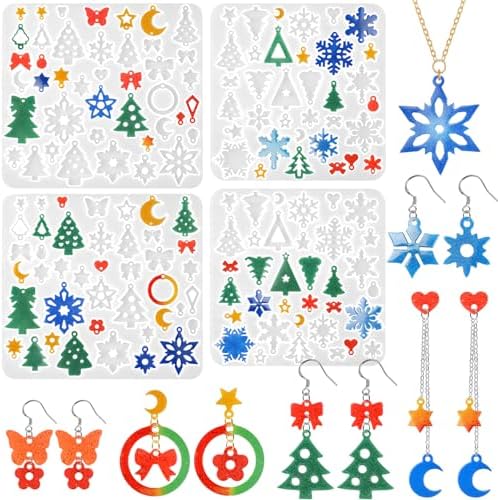 4 Pack Christmas Resin Earring Molds with Holes, Various Shapes Christmas Tree & Snowflake Silicone Mold for DIY Jewelry Pendant Stud Dangle Drop Earring Handmade Gift