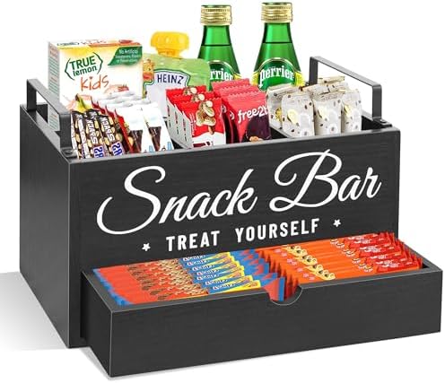 Snack Organizer for Countertop, Wood Pantry Storage Bins with Handles, Snack Bar Organizer for Kitchen, Office, 4 Compartment Food Container Snack Box with Drawer, Pantry Organizer for Chips, Candy
