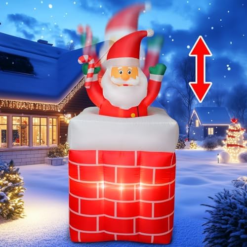 6FT Christmas Inflatables Santa Claus in The Chimney Automatic Up and Down, Outdoor Blow Up Santa Claus Yard Decorations Built-in LED Lights, Indoor Yard Party Lawn Garden Holiday Decor