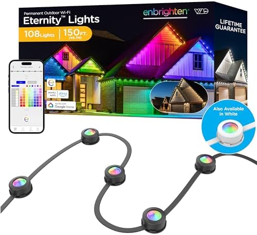 Enbrighten Vibe Eternity Permanent Outdoor Lights for House, 150ft, 108 RGBWIC LEDs, Close Spacing, 33lm, Color Changing, Christmas, Eave Lighting, Smart App, Works with Alexa, Google Home, 85103