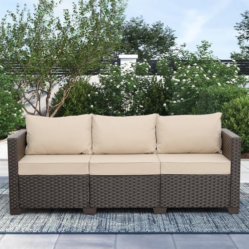 Rattaner Patio Furniture 3-seat Sofa Wicker Outdoor Furniture Outdoor Couch Deep Seat Hight Backrest Waterproof Cover Anti-Slip Cushions, Khaki
