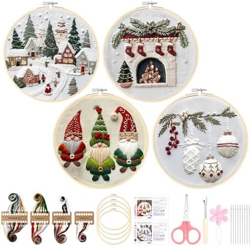 Christmas Embroidery Kit for Adults & Beginners - Gnomes & Cross Stitch Patterns, Cotton, Threads, Needles & Instructions (4 Pcs)