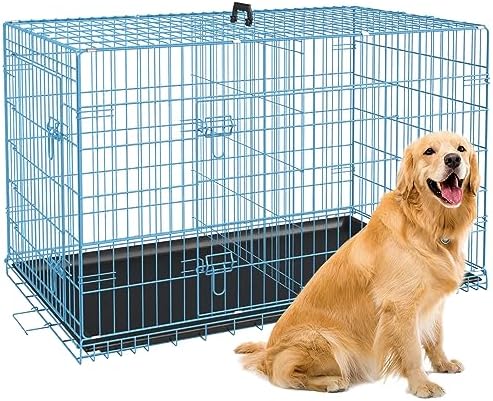 BestPet 24,30,36,42,48 Inch Dog Crates for Large Dogs Folding Mental Wire Crates Dog Kennels Outdoor and Indoor Pet Dog Cage Crate with Double-Door,Divider Panel, Removable Tray (Blue, 42")