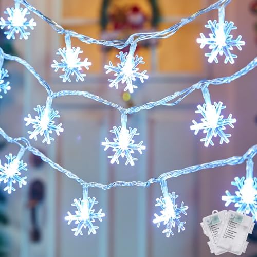 2 Pack Christmas Snowflakes Lights, 26 Ft 50 LED Snowflake String Lights Battery Operated, 8 Lighting Modes Waterproof Shatterproof Fairy Light for Bedroom Home Indoor Outdoor Xmas Christmas Decor