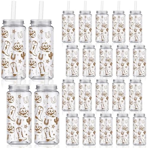 24 Pcs Western Cowgirl Cowboy Plastic Tumbler 14.2 oz Reusable Cups with Lids and Straws Beer Can Iced Coffee Cup for Preppy Party Decoration Women Cowgirl Gift(Brown,Classic Style)
