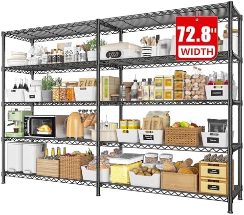 REIBII 72.8" W Storage Shelves Load 1600LBS, 5 Tier Metal Shelving Unit Wire Shelving for Storage Rack Heavy Duty Metal Shelves for Garage Pantry Kitchen, 17.7" D x 72.8" W x 70.9" H