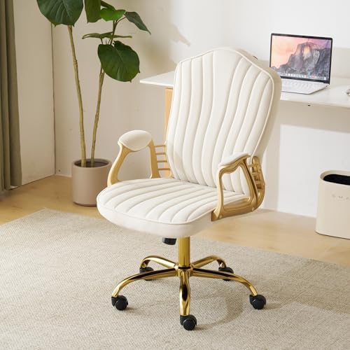 Velvet Home Office Chair with Gold Arms and Legs, Comfortable Upholstered Tufted Swivel Desk Chair Comfy with Wheels for Girls Women Study Bedroom Living Room,Cream