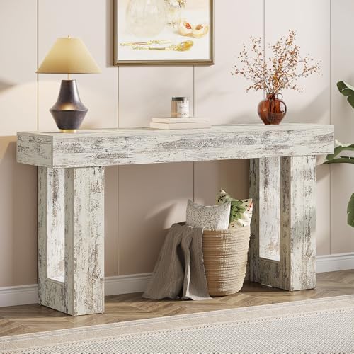 Tribesigns 63-Inch Long Console Table, Wooden Rectangular Sofa Table Behind The Couch, Farmhouse Entryway Table for Entrance, Hallway, Living Room (Distressed White)
