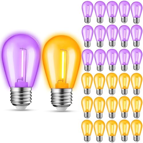 30-Pack Orange Purple String Light Bulbs, S14 LED Replacement Bulbs for Outdoor String Lights, Patio Light Bulbs, 1W E26 Base for Halloween Christmas,Holiday Lighting,Home Decor (Orange + Purple)