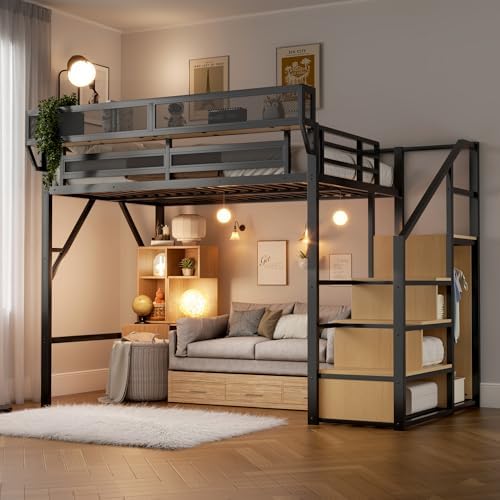 Full Size Loft Bed with Stairs and Storage, Metal Loft Bed Frame with Bedside Shelf and Large Under-Bed Space, Heavy-Duty Bed for Adults Teens and Kids, Convertible Staircase, Black