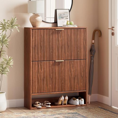 Evermagin 31.5''W Walnut Shoe Cabinet Storage for Entryway, Fluted Slim Shoe Dresser with 2 Flip Drawers, Narrow Shoe Rack Cabinet, Hidden Shoe Organizer Cabinet for Entrance, Hallway