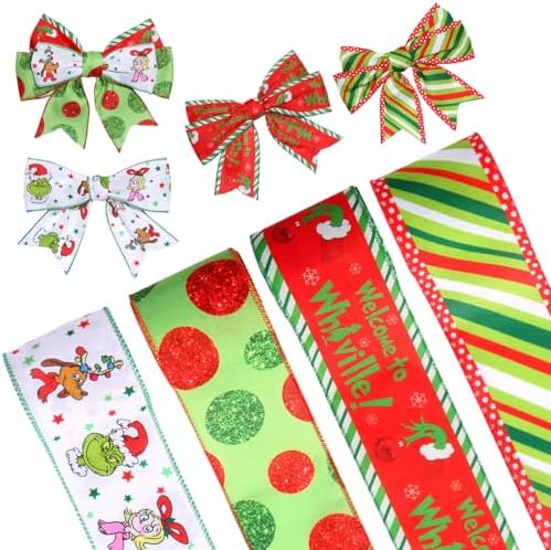 Funny Cartoon Christmas Ribbon Wired 2.5Inch, 4 Roll 20Yards Glitter Dot for Wreaths Bows DIY Crafts Arrangement Bow Red Green