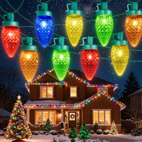 C9 Christmas Lights Outdoor 114ft 150 LED Waterproof String Lights with Timer & 8 Modes, Connectable Commercial Grade Christmas Tree for House Roofline Patio Garden Decor
