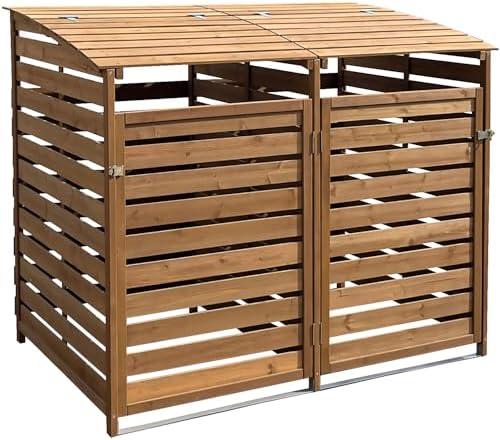 Hanover Outdoor 4.9-ft. x 4-ft. Wooden Trash Bin and Recyclables Storage Shed in Brown, Weather Resistant Trash Can Storage Container with Locking Latch for Yard, Carport, Driveway