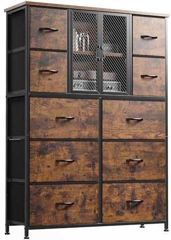 Dresser for Bedroom with Mesh Door Dressers & Chests of Drawers with 10 Fabric Drawers Bedroom Dresser Organizer, Metal Frame, Wood Top, Entryway, Rustic Brown, 48.1" Hx38 Wx11.81 D