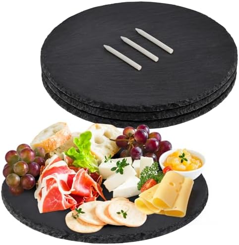 11 x 11 In 4 Pack Slate Cheese Boards, Round Black Stone Plates Charcuterie Boards Serving Tray Slate Platter for Halloween Christmas, Party, Gifts