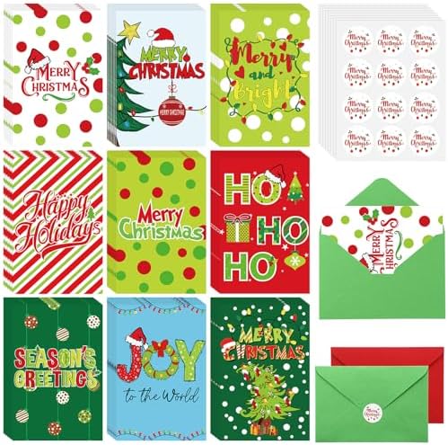 108 Pcs Lime Green Christmas Cards with Envelopes and Stickers Bulk 9 Whimsical Designs Merry Christmas Holiday Cards Green Red Cards Gift 6x4 Inch for Xmas Party Favors Office Family Friends