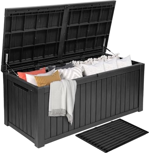 DWVO 150 Gallon XL Deck Box with Divider & Lockable Lid, Waterproof Resin Outdoor Storage for Patio, Garden, Poolside, Cushions, Supplies & Sports Gear, Black