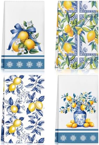 4 Pcs Blue and Yellow Lemon Kitchen Towels Set 16 x 24 Inch, Capri Lemon Party Decorations, Italian Summer Party Decorations for Lemonade Theme Bridal Shower Supplies, Italy Amalfi Gifts
